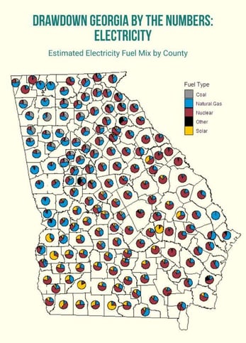 A map of Georgia counties with pie charts showing the fuel mix for each