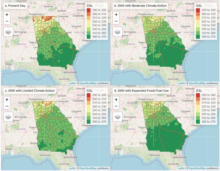 Set of 4 Maps showing Projected growing season length under different emissions pathways
