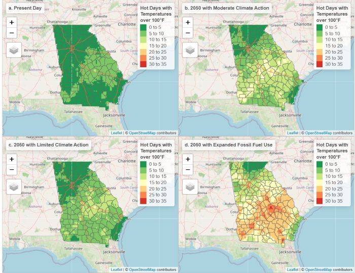 Set of 4 Maps showing Projections for number of hot days under different emissions pathwaysl
